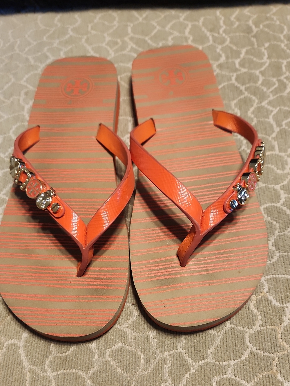 Tory Burch Orange Jeweled Flip Flop Sandals